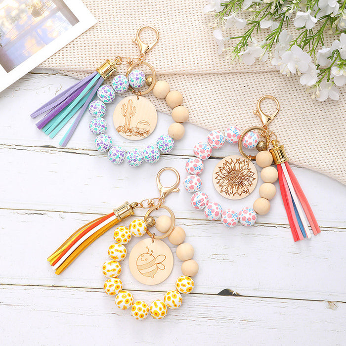 Wholesale Colorful Wooden Beads Bracelet Tassel Wood Keychain JDC-KC-RongRui039