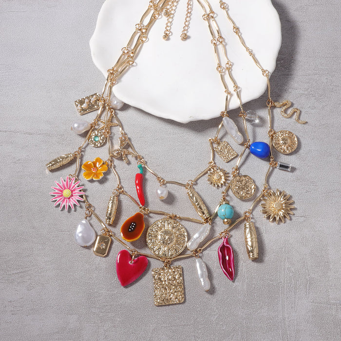 Wholesale Bohemian Fashion Multi-layer Stacked Alloy Sunflower Snake Beach Casual Women's Necklace