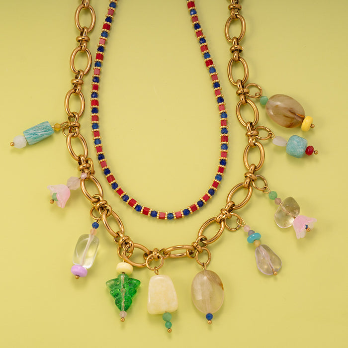 Wholesale Fashionable and personalized bead necklace made of stainless steel paired with natural stone pendant, original design, elegant women's accessories