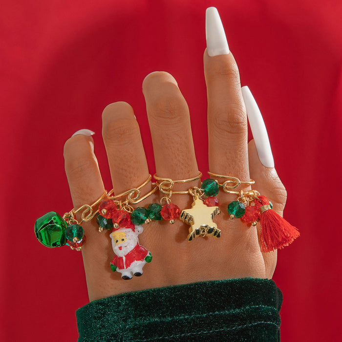 Wholesale Cute Christmas Elk Bell Animal Pendant 3-Piece Ring Set Gold Jewelry Accessory MOQ≥2