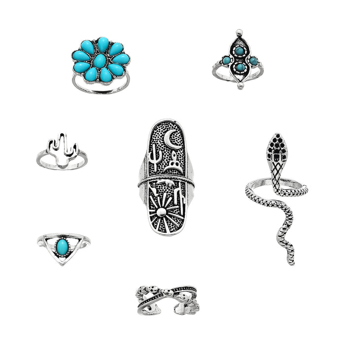 Wholesale 2pcs retro turquoise serpentine cactus 7 pieces Rings