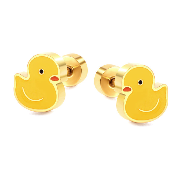 Wholesale Cute Animal Earrings Sweet Style Cartoon Colorful Yellow Duck Electroplated Stainless Steel Earrings