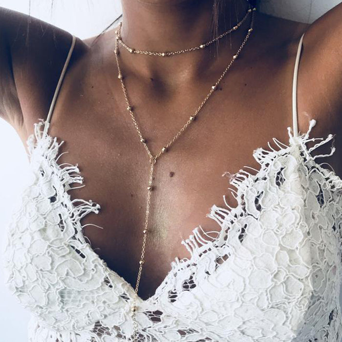 Wholesale Fashionable and simple necklace with versatile temperament, tassel round beads, multi-layer layered collarbone chain, chest chain, women's