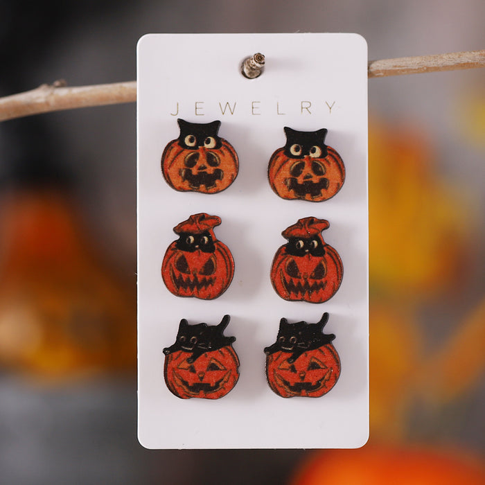 Wholesale  Ghost Witch Hat Black Cat Ghost Face Pumpkin Earrings Set Wooden Party Earrings Gift