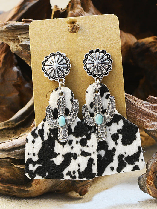 Wholesale Western Style Cow Pattern Turquoise Alloy Horseshoe Leopard Print Cross Earrings JDC-ES-ChenC012