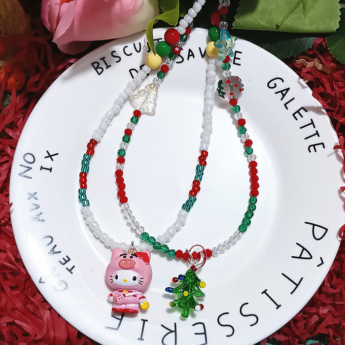 Wholesale Christmas Series Holiday Dress Up Pink Pig Cat bling Crystal Beaded Christmas Tree Short Necklace Chain Jewelry