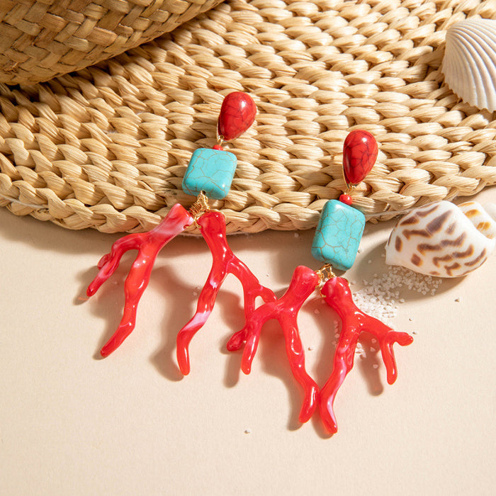 Wholesale Fashionable and personalized turquoise earrings, geometric acrylic coral pendant earrings, and earrings