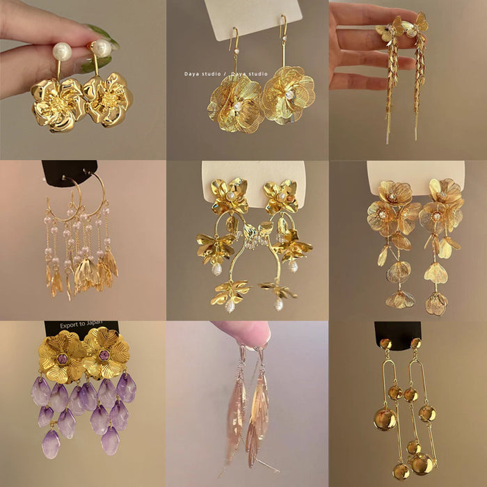 Wholesale Vintage metallic floral tassel earrings with a light luxury and high-end feel, niche design temperament, versatile and long earrings