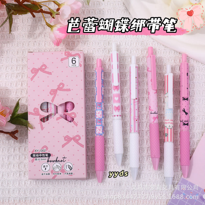 Wholesale 6pcs/ box Ballet Bow Brush Pen ST Quick-drying Gel Pen ' s Heart Pressing Black Pen Student Cartoon Printing Pen