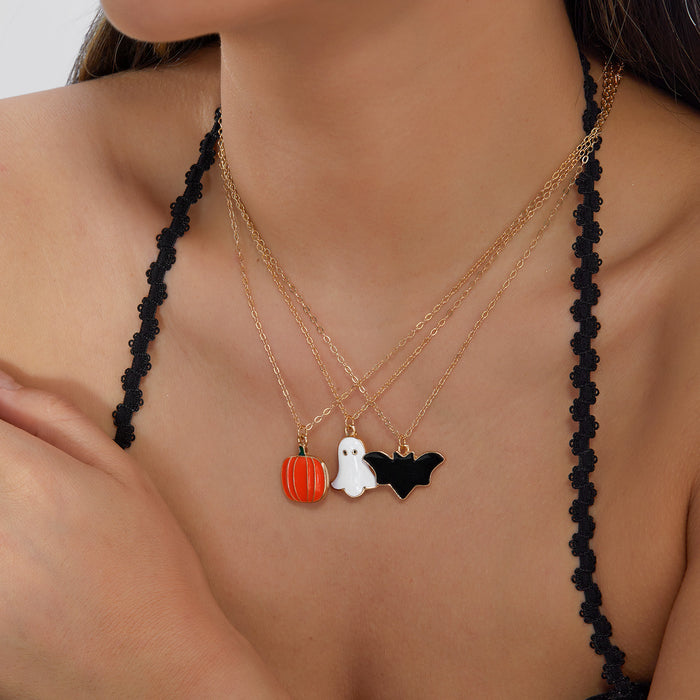 Wholesale  Drip Oil Pumpkin Ghost Bat Jewelry Set Alloy Necklace Earrings Ring
