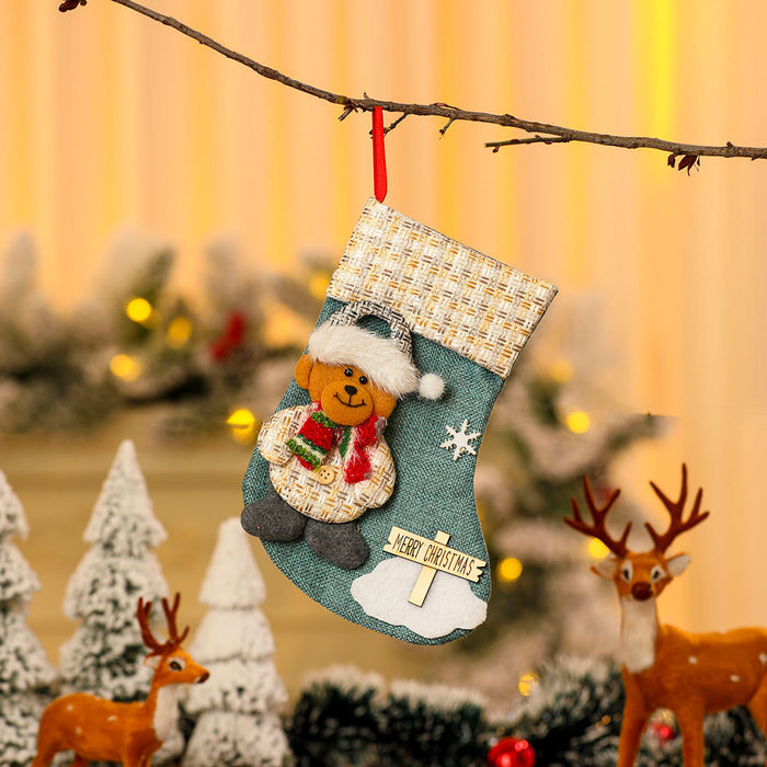 Wholesale Cross-Border New Small Linen Christmas Socks Wooden Sign Cartoon Christmas Socks Candy Bag Gift Bag Small Pendant