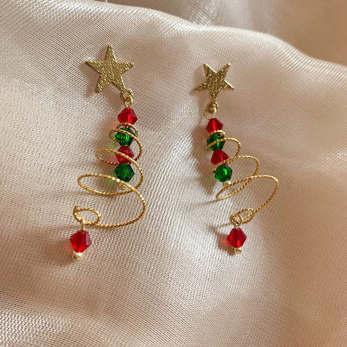 Wholesale Christmas Tree Color-Blocked Five-Pointed Star Earrings