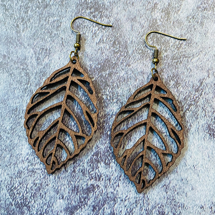 Wholesale Wooden earrings hollow cutting retro leaf shape Bohemian earrings