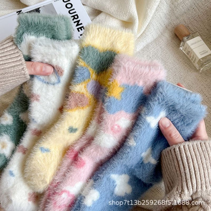 Wholesale Plush cartoon-print warm thick cute mid-calf socks