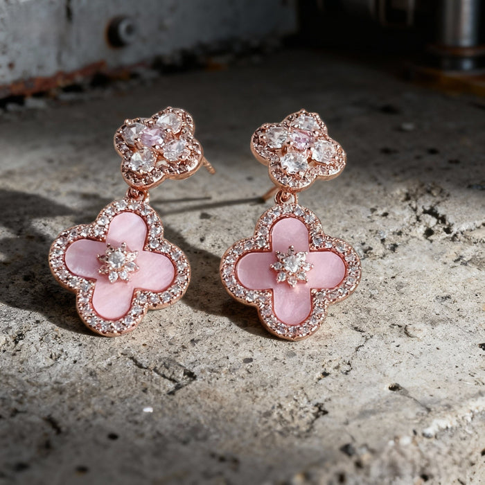 Wholesale Pink Shell Four-Leaf Earrings Silver Needles