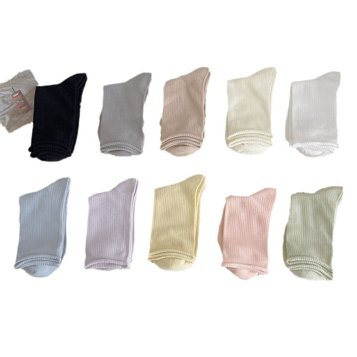 Wholesale Boneless solid color rolled edge vertical strip thin breathable cotton elastic mouth middle tube stacking socks