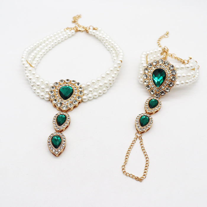 Wholesale bridal Wedding Jewelry Retro Elegant Multi-layer Pearl Diamond Choker Bracelet suit
