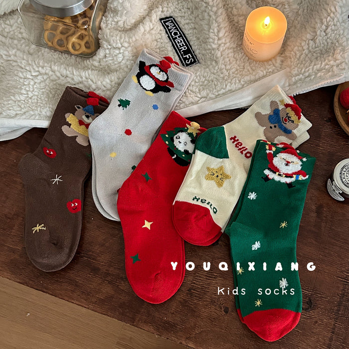 Wholesale Children' s cartoon-patterned red mid-calf socks,  perfect for Christmas and New Year.
