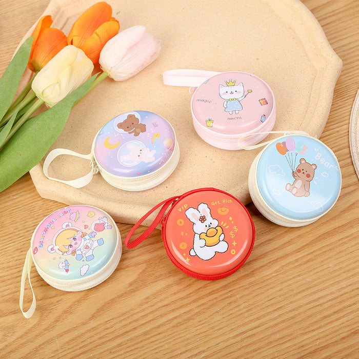 Wholesale Creative Round Tinplate Coin Purse Mini Cartoon Zipper Data Cable Storage Bag Headset Keychain Small Wallet