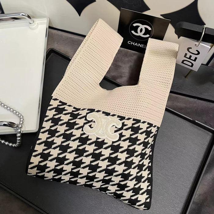 Wholesale Color Block Houndstooth Logo Knitted Cotton and Linen Shoulder Handbag (F) JDC-HB-WanQ001