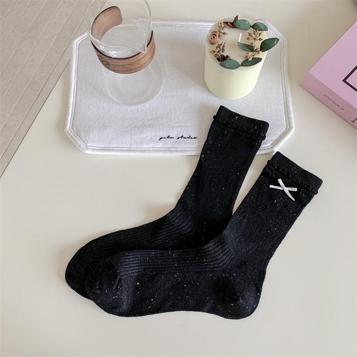 Wholesale Thin socks, butterfly knot yarn pile socks, hollowed out Japanese lace mid tube socks