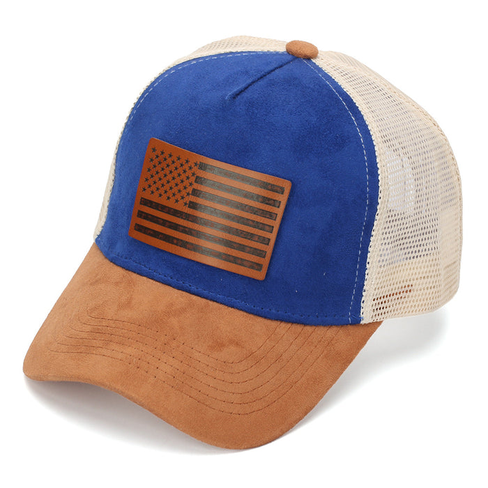 Wholesale Stylish American Flag Leather Patch Trucker Cap Suede Mesh Baseball Cap Summer Casual