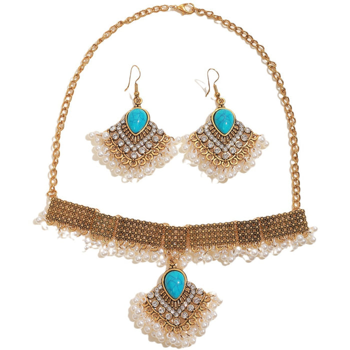 Wholesale Bohemian Turquoise Fringe Earrings and Necklace Set Alloy Jewelry