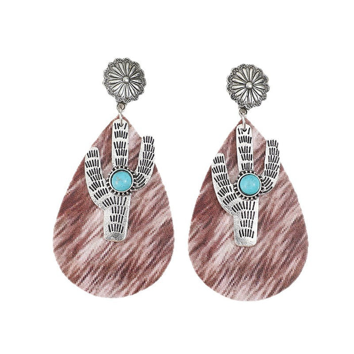 Wholesale Western style retro water droplet shaped printed pattern splicing cactus leather earrings and earrings