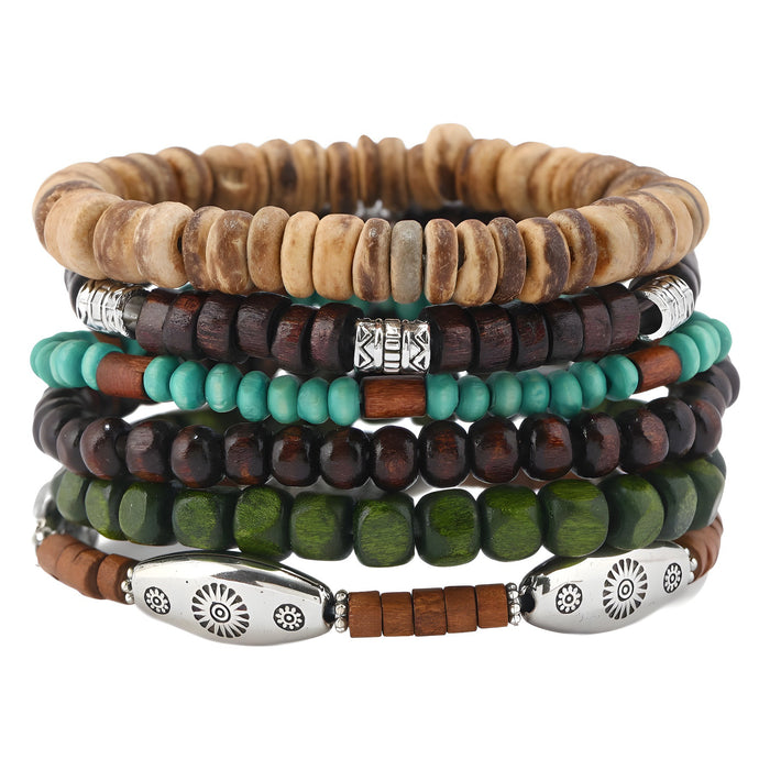 Wholesale Wooden bead alloy 6-piece multi-layer elastic bracelet