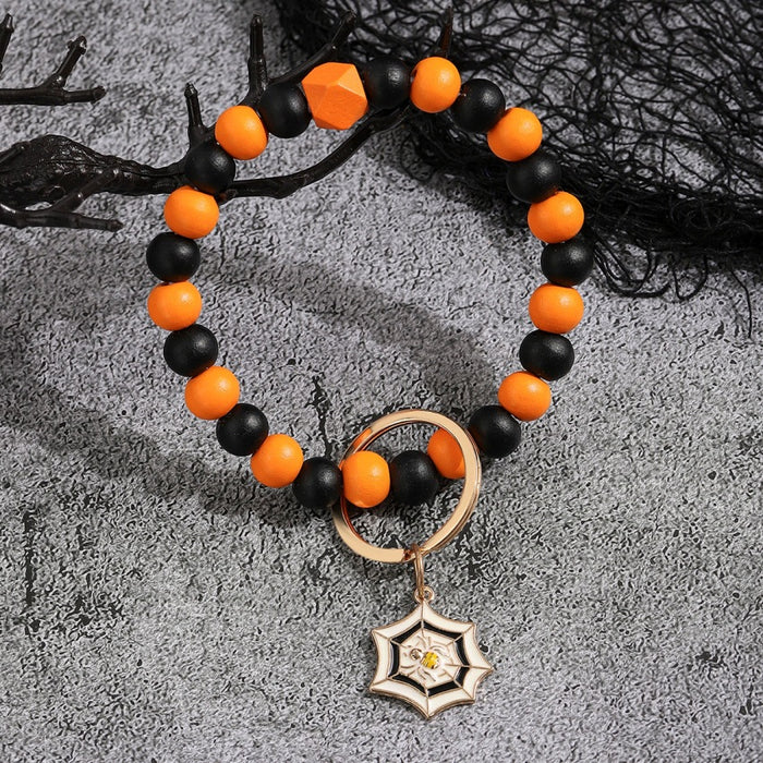 Wholesale Halloween Day Bracelet Halloween Pumpkin Wooden Beaded Keychain JDC-KC-RongRui030