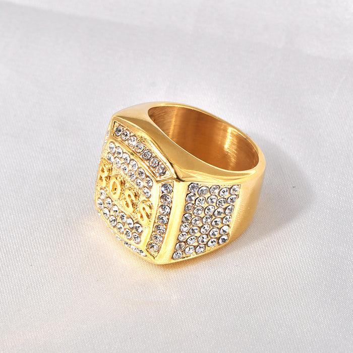 Wholesale HIPHOP titanium steel electroplating rhinestone square BOSS letter men' s ring