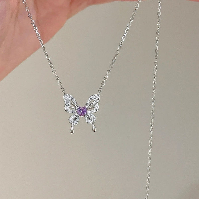 Wholesale Purple Butterfly Love Heart Titanium Steel Necklace Chic Jewelry Accessory