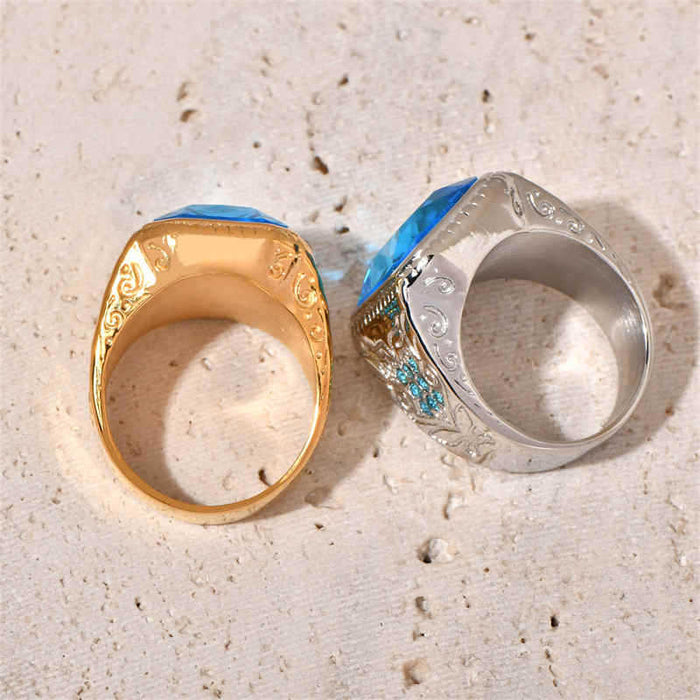 Wholesale HIPHOP titanium steel vacuum gold-plated ice blue rhinestone men' s ring