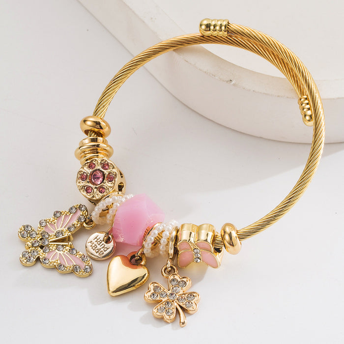 Wholesale Chic Adjustable Women S Bracelet With Butterfly Heart Clover Charms Alloy Pink Fashion Jewelry Accessory