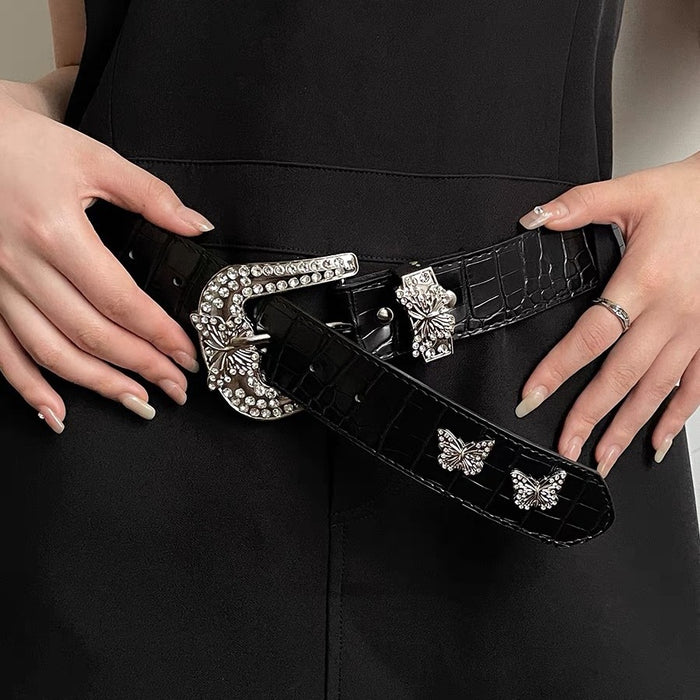 Wholesale Butterfly Buckle PU Rhinestone Women's Belt JDC-WB-XiX002