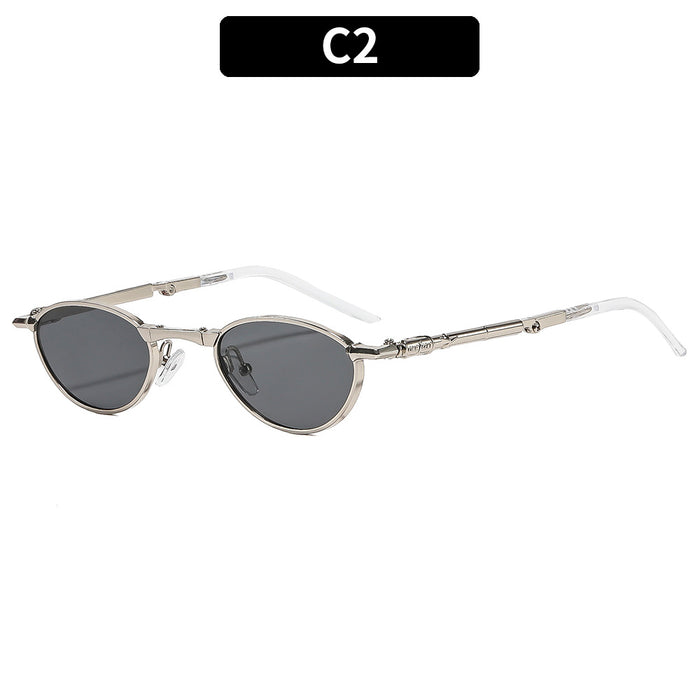 Wholesale Foldable Metal Oval Sunglasses with Rhinestones UV400 Gold Frame Gray Lens for Resale