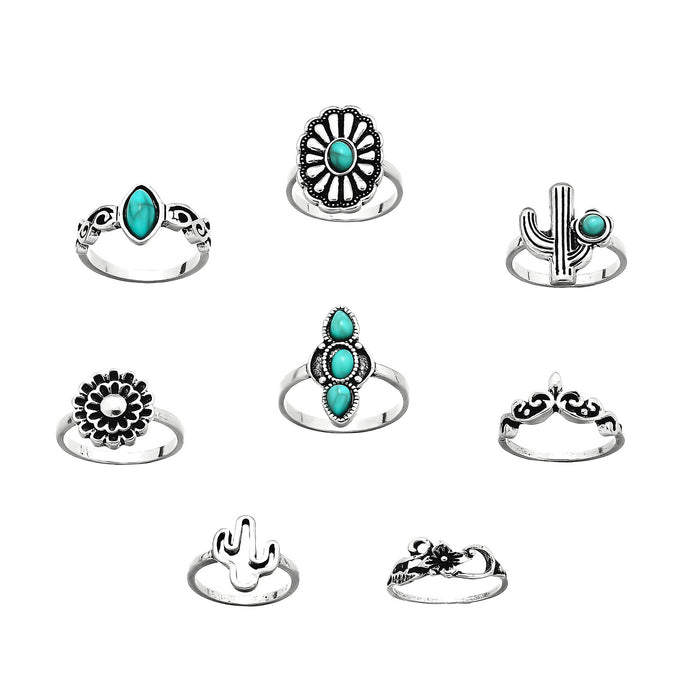 Wholesale Retro Turquoise Cactus Flower 8-Piece Set Rings