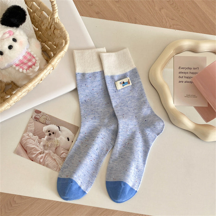 Wholesale Gray cloth label color blocked puppy mid tube socks cartoon pile socks