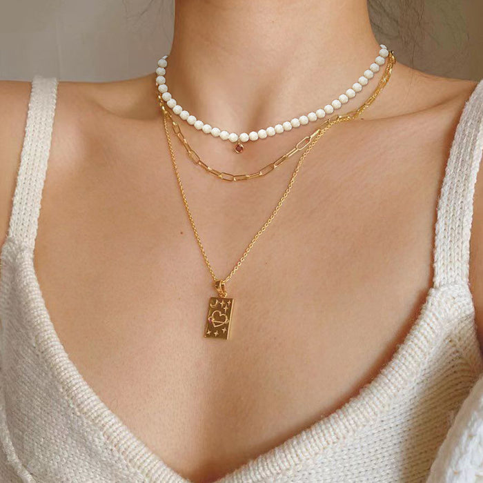 Wholesale Jewelry Pearl Multi layer Necklace Light Luxury Love Square Pendant