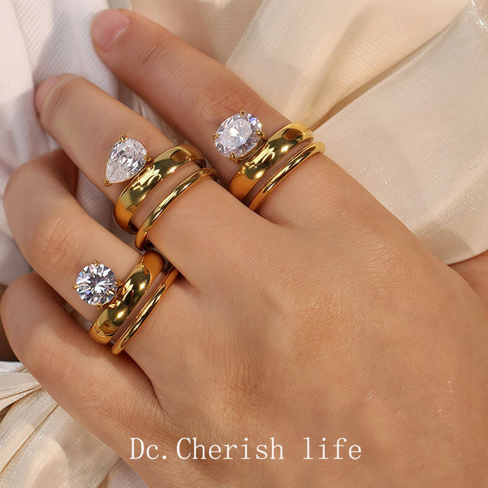 Wholesale New Light Luxury Geometric Waterdrop Diamond Ring Women's Stainless Steel Plated Jewelry