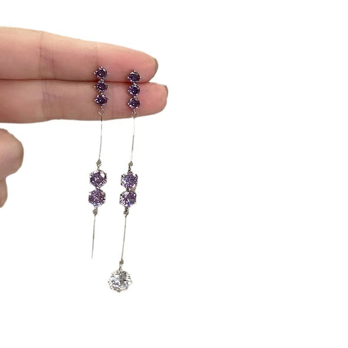 Wholesale Purple zircon tassel earrings, new fashionable and versatile, light luxury temperament, exquisite earrings