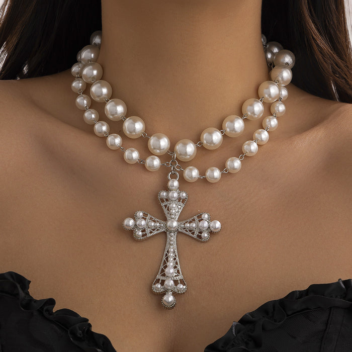 Wholesale Fashion multi-layer imitation pearl cross collar, geometric alloy collarbone chain for accessories