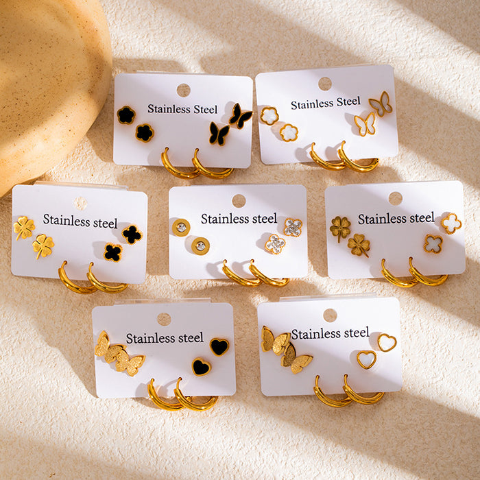 Wholesale Stainless Steel Four-Leaf Clover Heart Earrings Set
