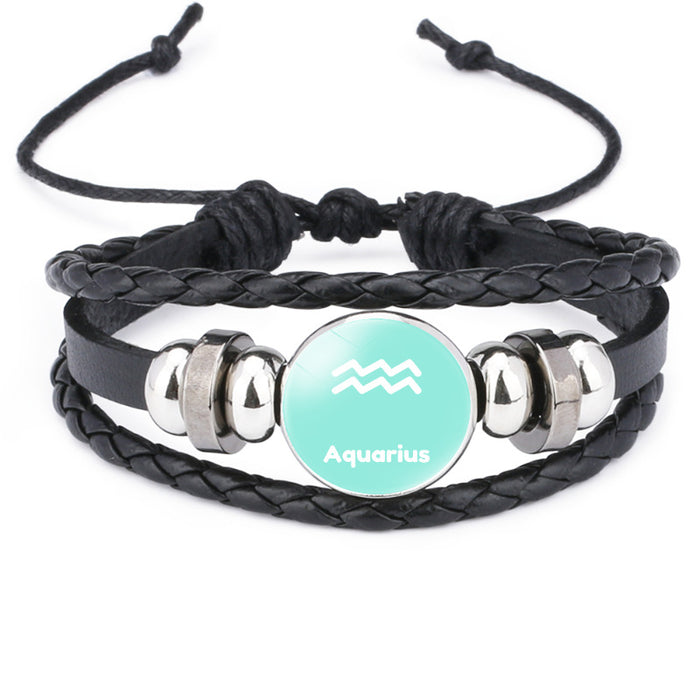 Wholesale Twelve Constellations Time Gemstone Black Leather Multi-layer Braided Bracelet JDC-BT-DMu003