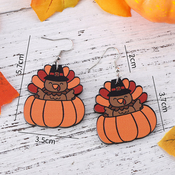 Wholesale Autumn Harvest Thanksgiving Turkey Pumpkin Funny Pendant Earrings Wooden Double-Sided Earrings Gift