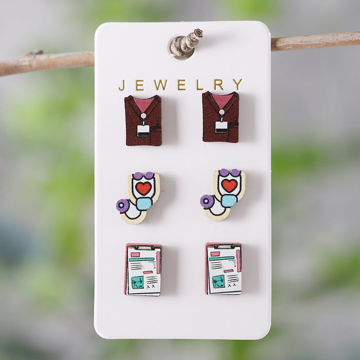 Wholesale Nurse' s Day Stethoscope Nurse Cute Heart and Lung Organs Earrings suit Wooden Earrings Earrings Gift