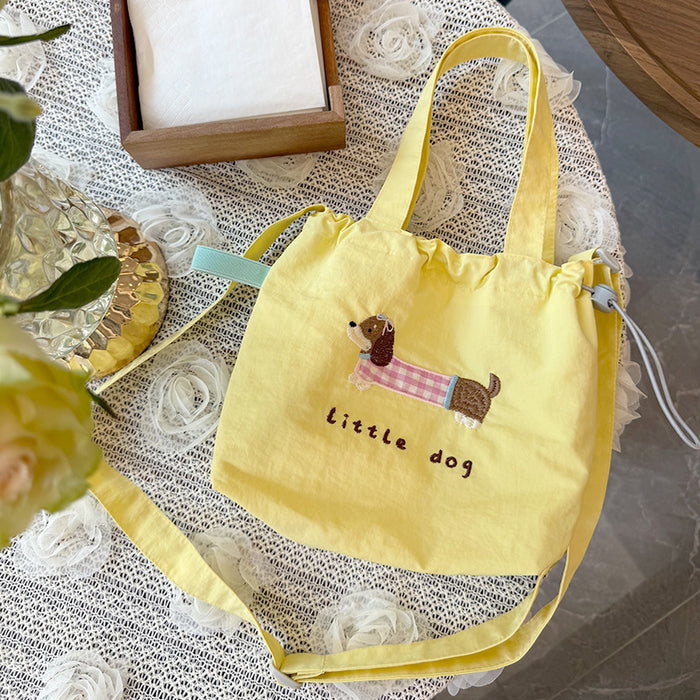 Wholesale New single shoulder canvas bag, cute cartoon embroidered crossbody bag, casual large capacity drawstring tote bag