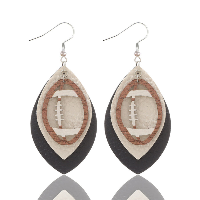 Wholesale Sporty Rugby Brown Leopard Leaves Three-layer Leather Diamond Rugby Earrings