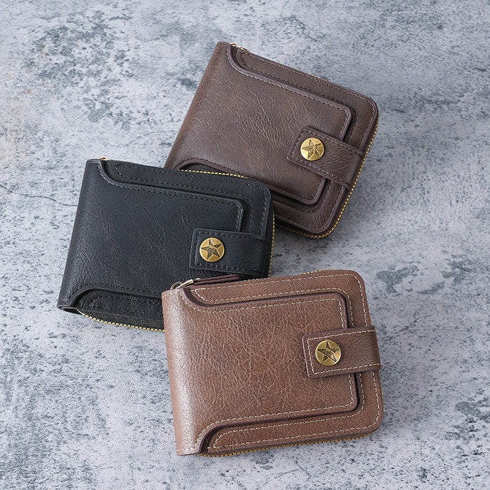 Wholesale Men' s PU Leather Retro Wallet with Car ing Zipper Closure and Coin Pocket