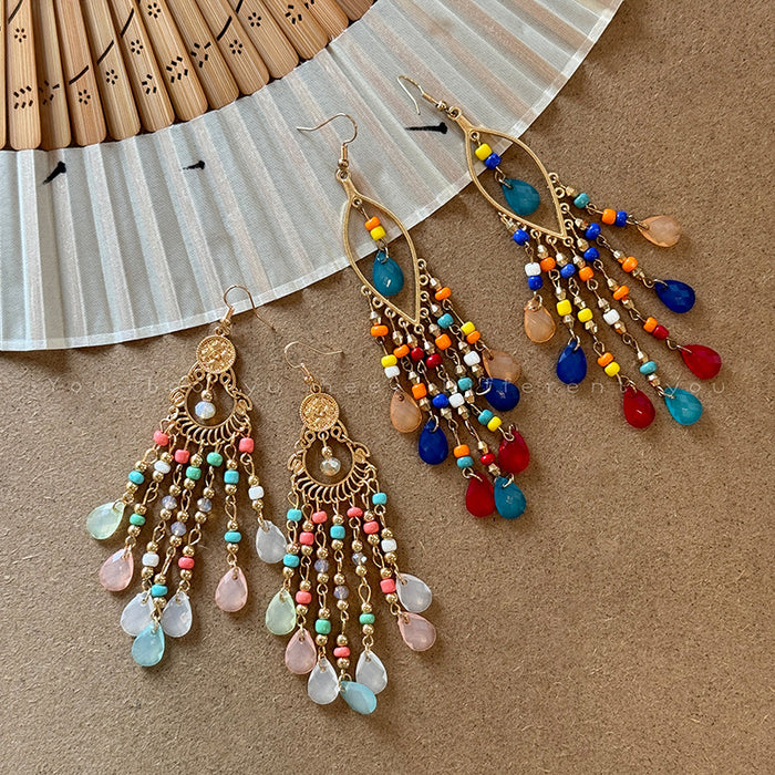 Wholesale Tassel Crystal Beaded Earrings Women's Retro  Ear Hook Ear Jewelry